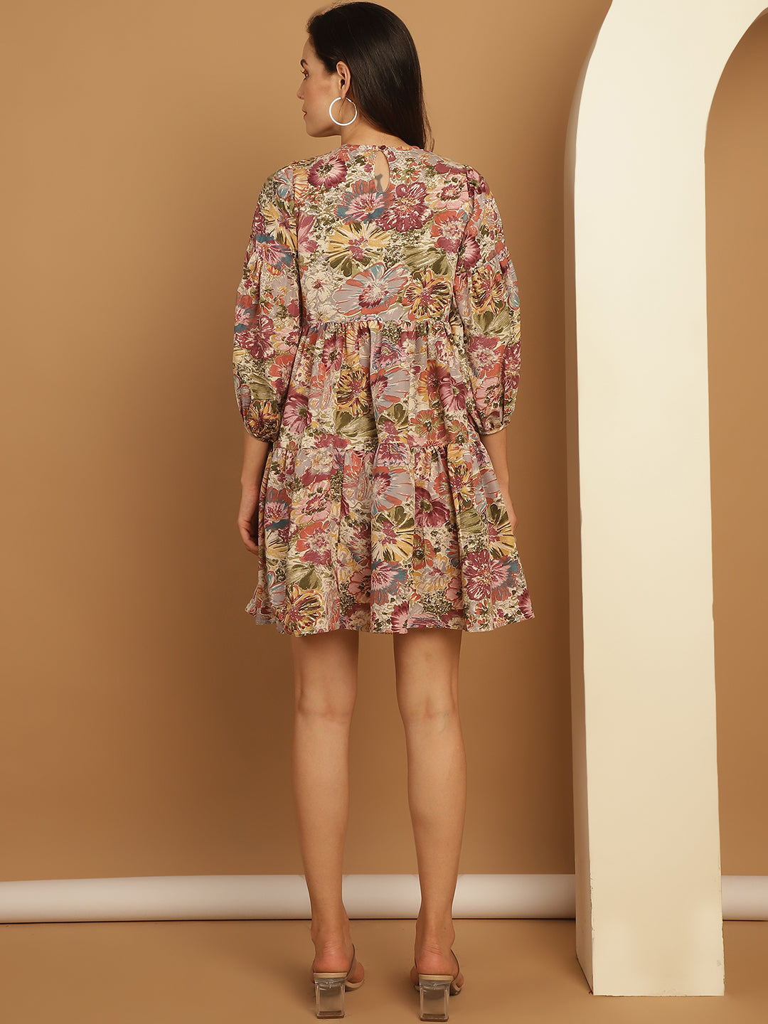 Floral Printed Puff Sleeve A Line Dress