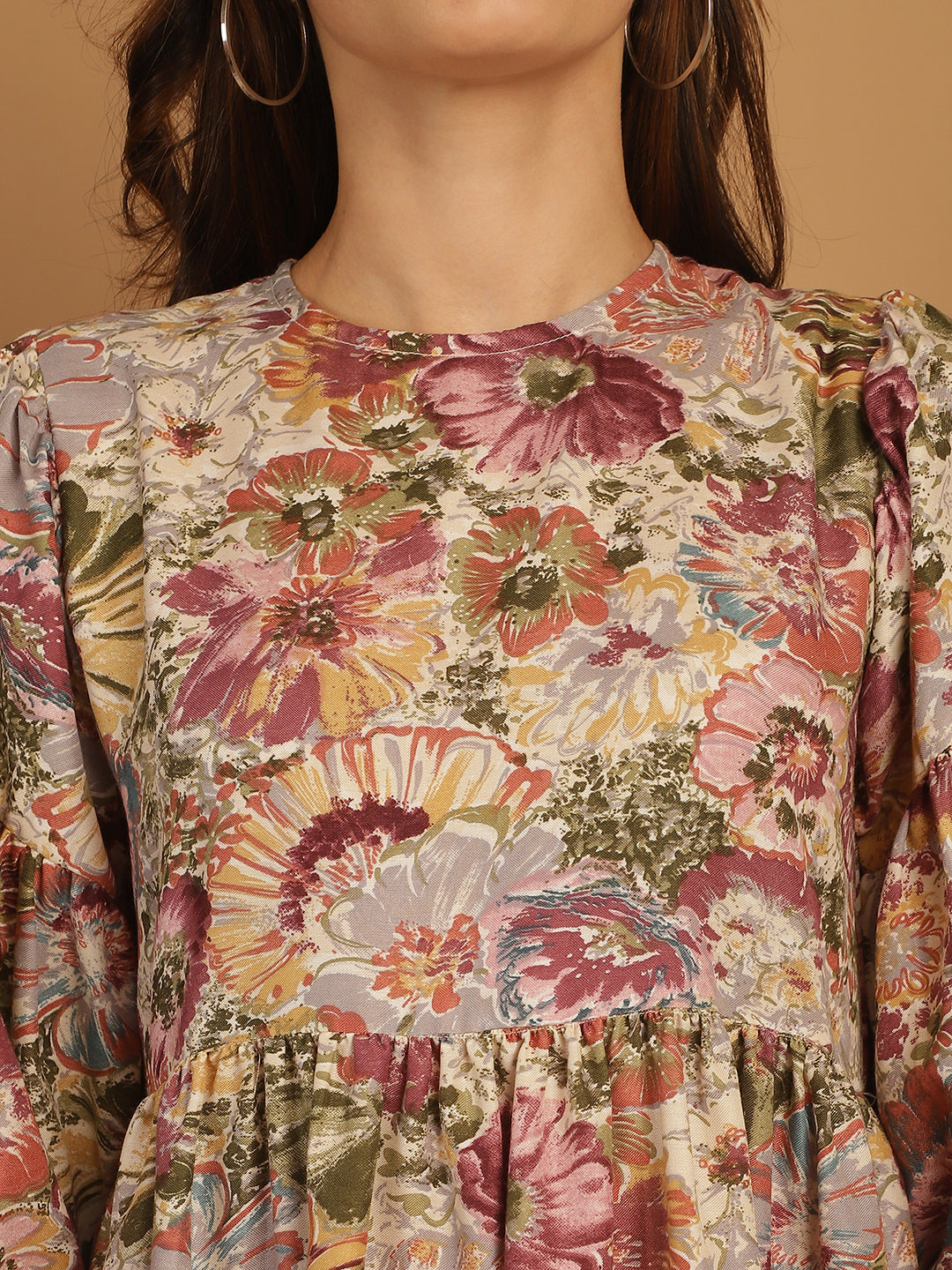 Floral Printed Puff Sleeve A Line Dress