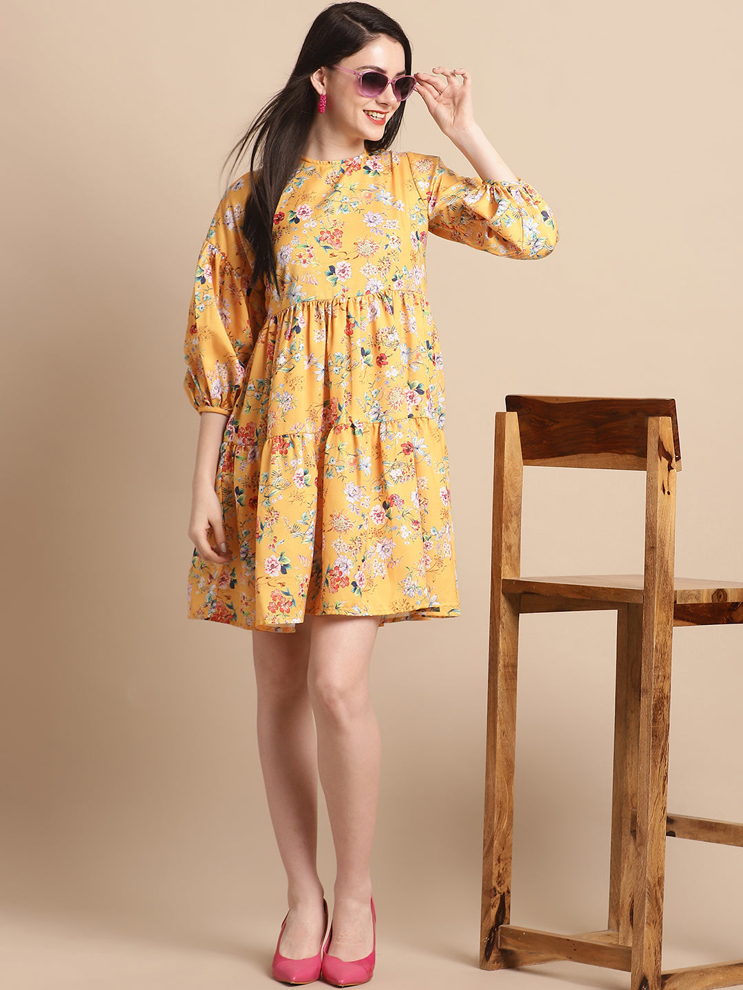 Women Yellow Printed A Line Dress
