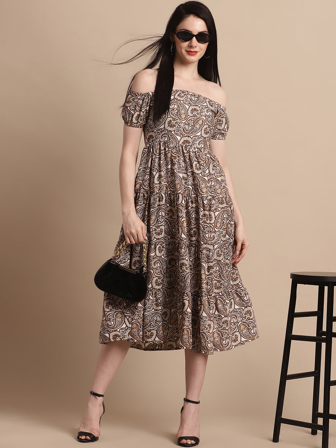 Womens Brown Printed Off Shoulder Dress