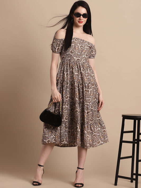 Womens Brown Printed Off Shoulder Dress