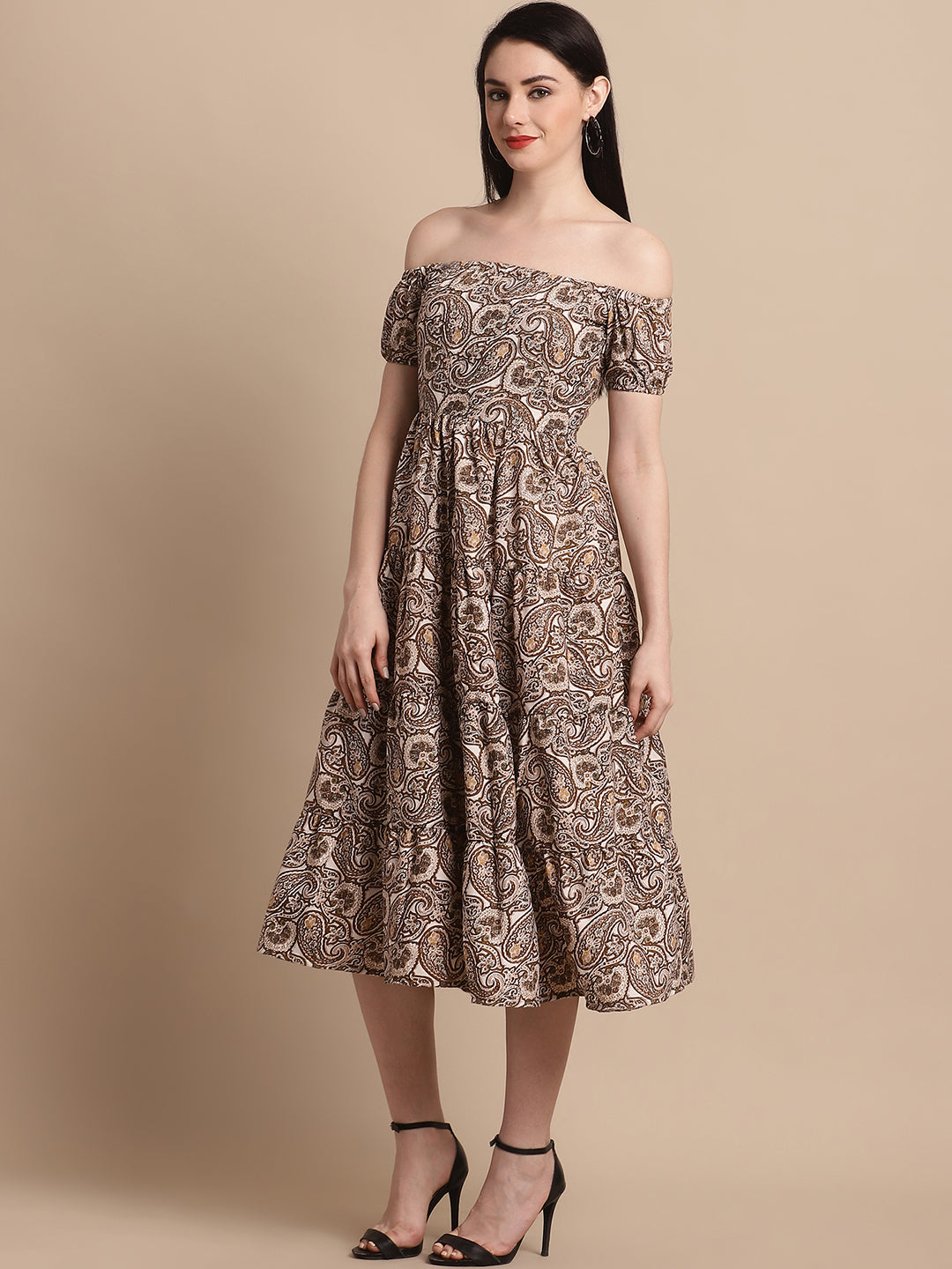 Womens Brown Printed Off Shoulder Dress
