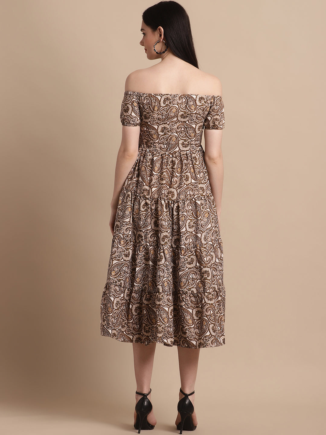 Womens Brown Printed Off Shoulder Dress