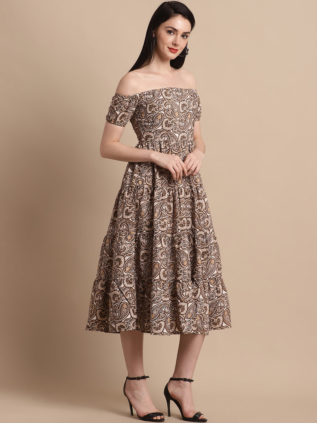 Womens Brown Printed Off Shoulder Dress