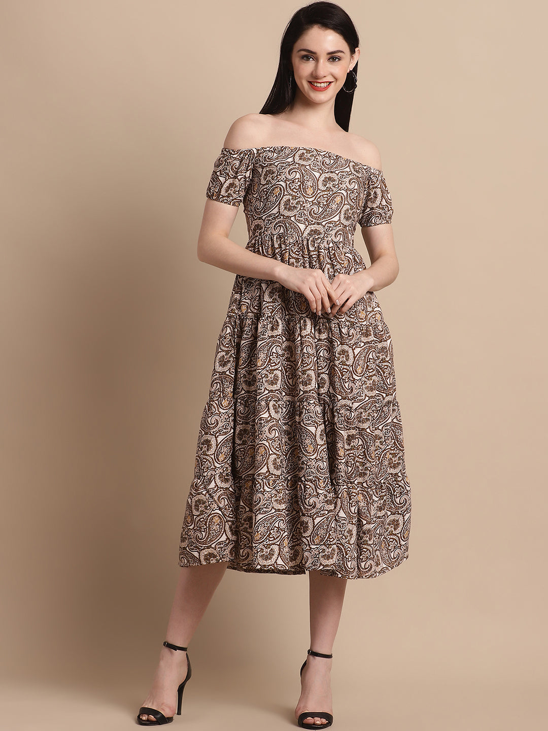 Womens Brown Printed Off Shoulder Dress
