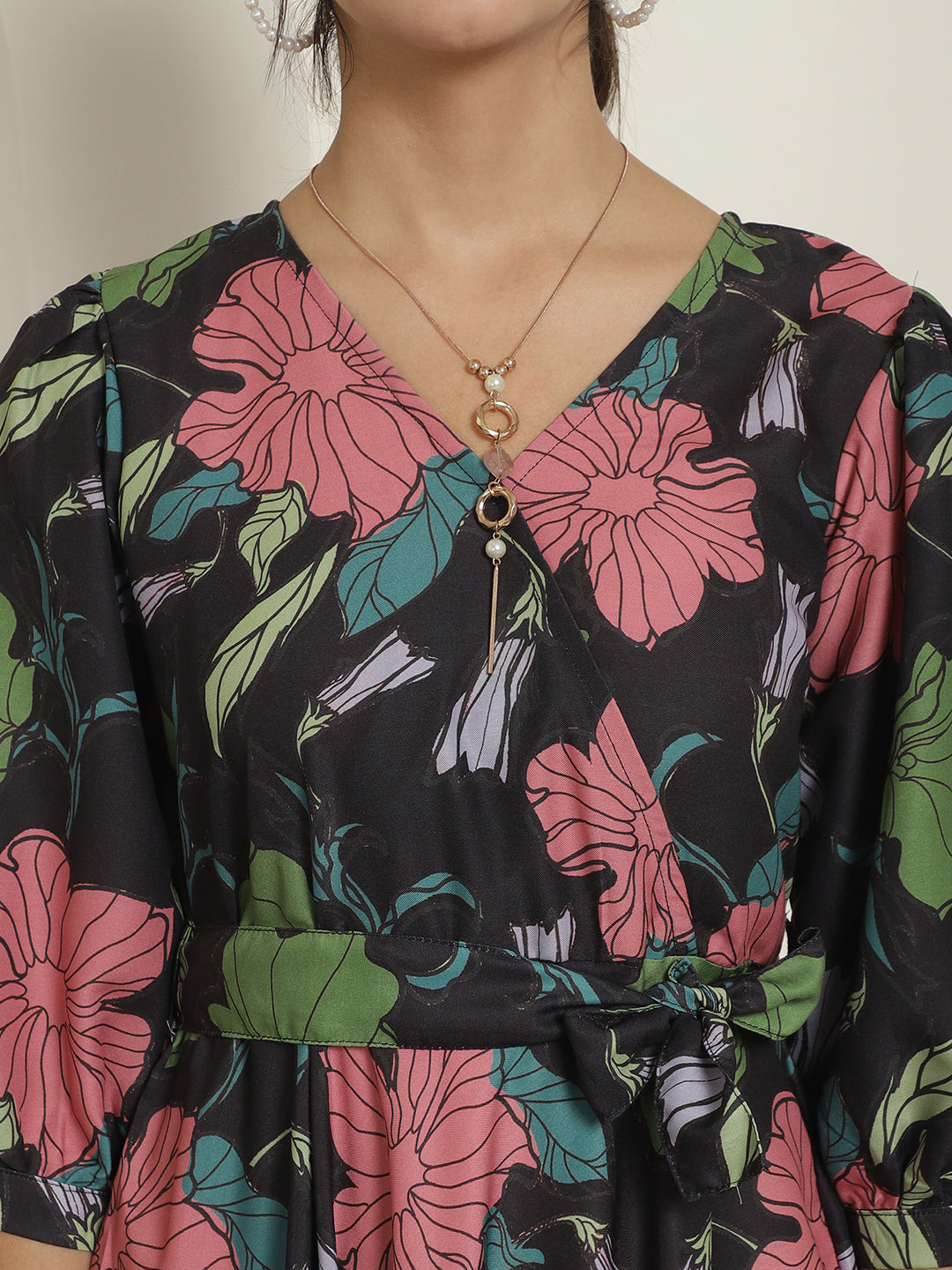 Womens Black Floral Printed A Line Dress With Belt