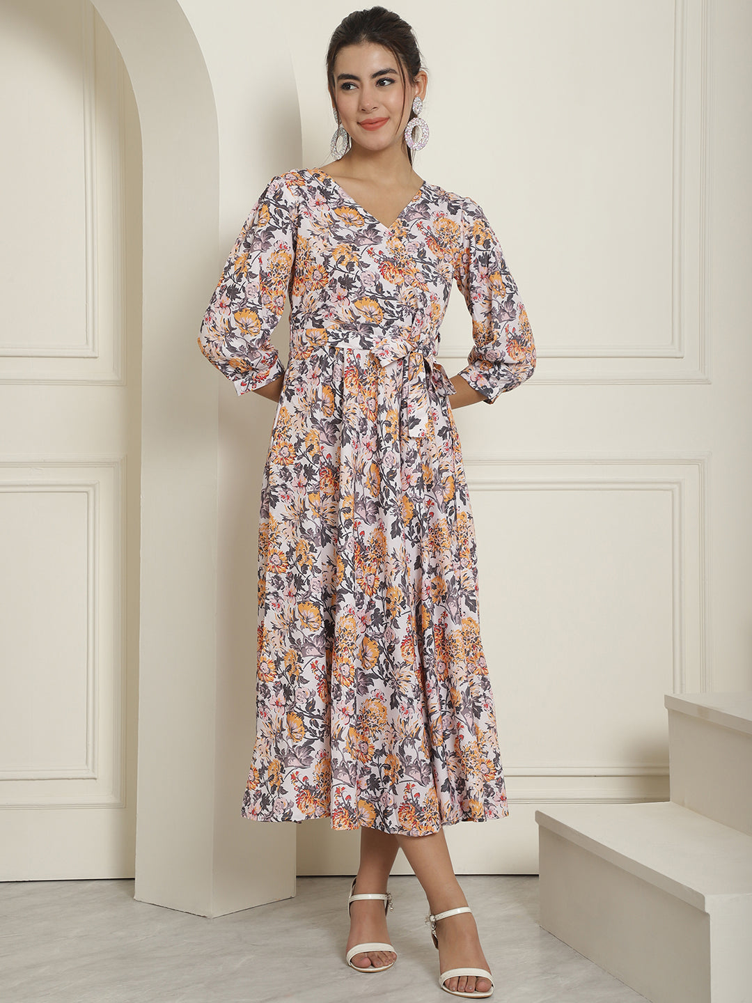 Womens Off White Floral Printed A Line Dress With Belt