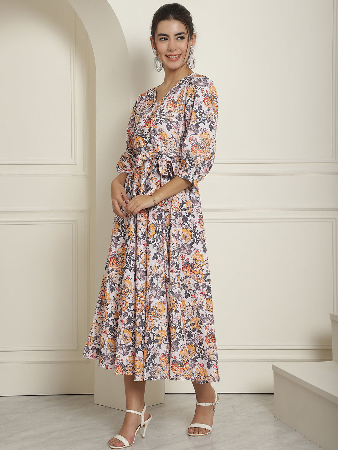 Womens Off White Floral Printed A Line Dress With Belt