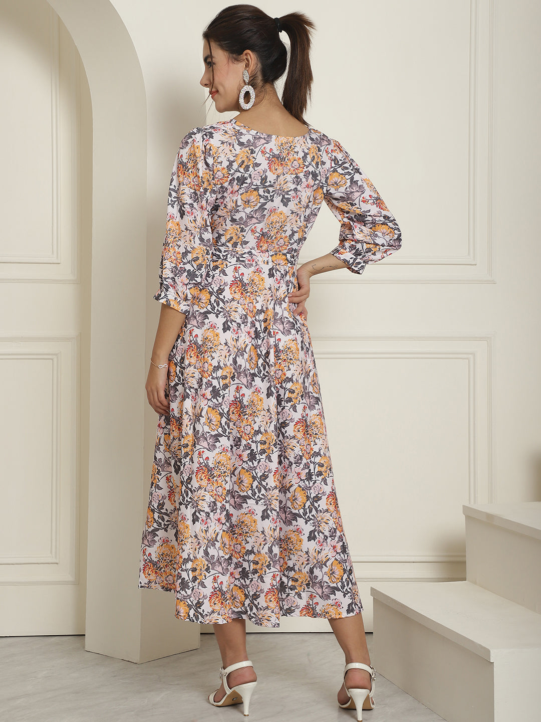 Womens Off White Floral Printed A Line Dress With Belt