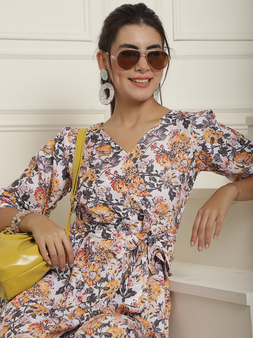 Womens Off White Floral Printed A Line Dress With Belt