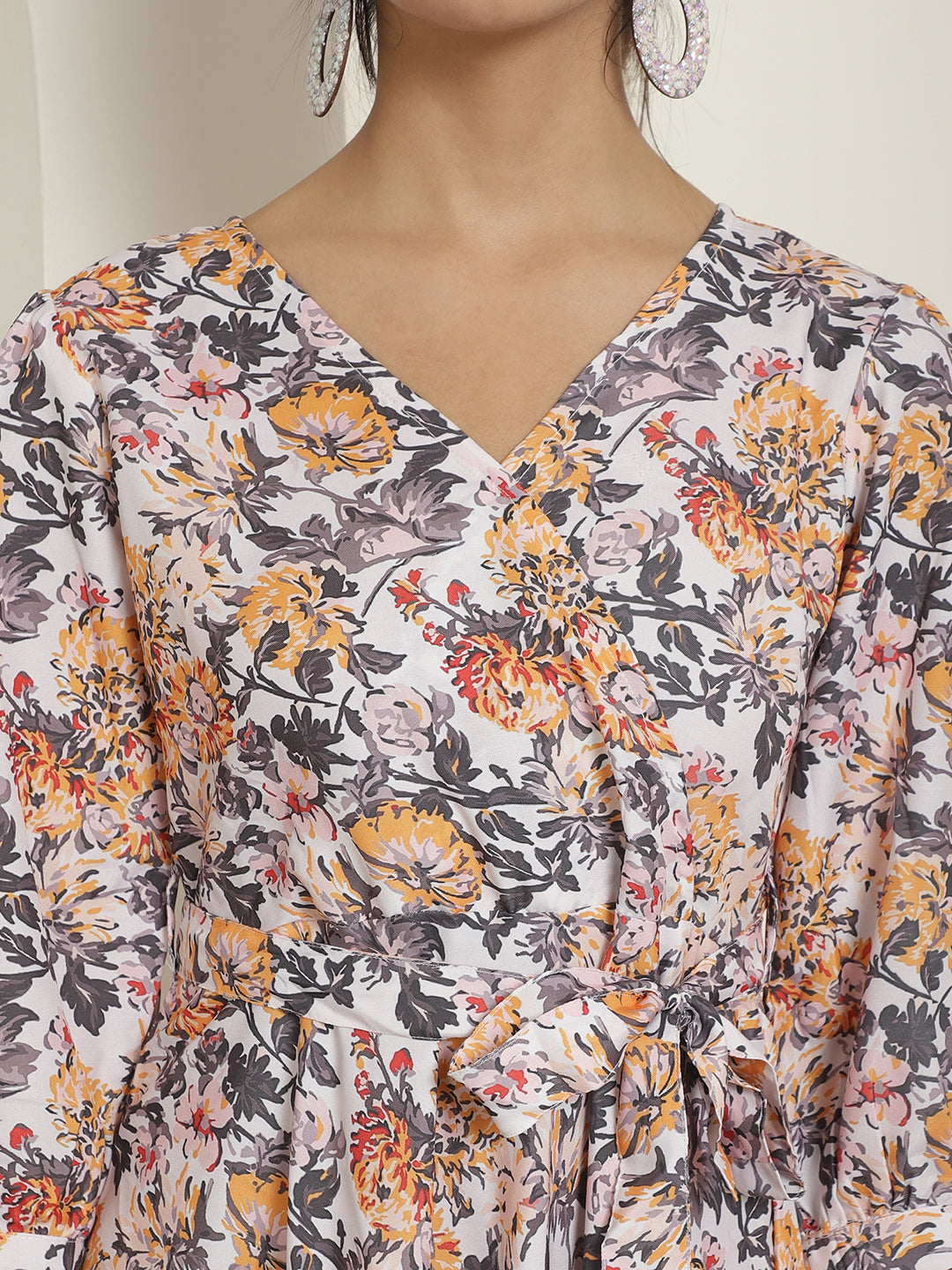 Womens Off White Floral Printed A Line Dress With Belt