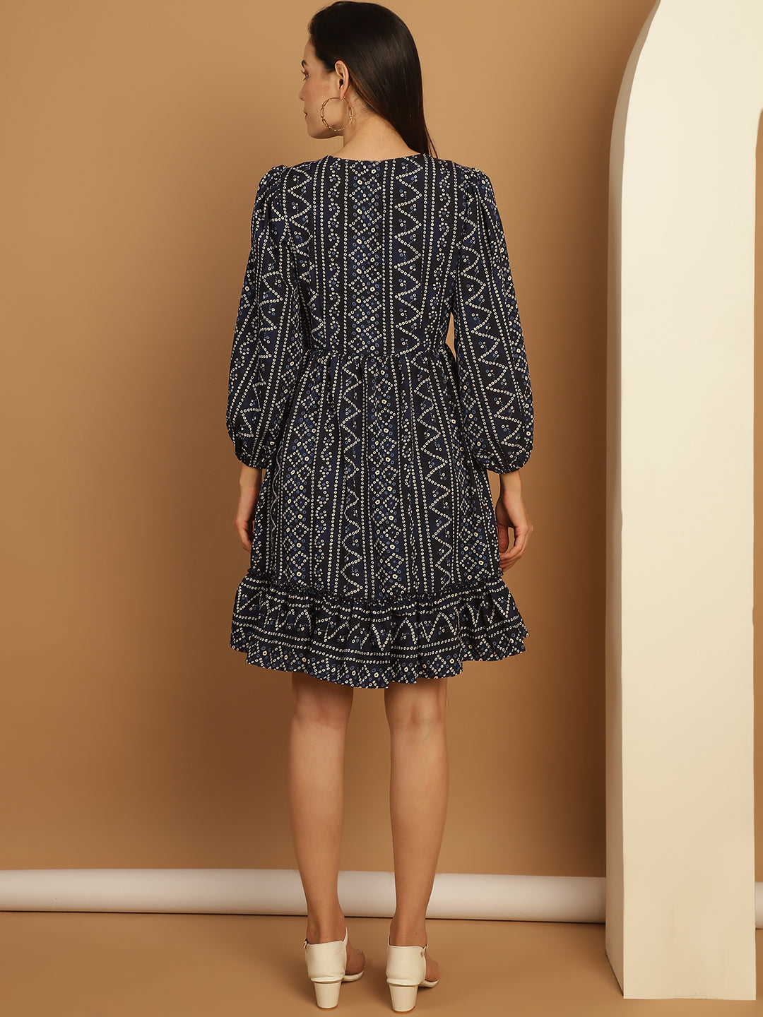 Bandhani Printed Puff Sleeve A Line Dress