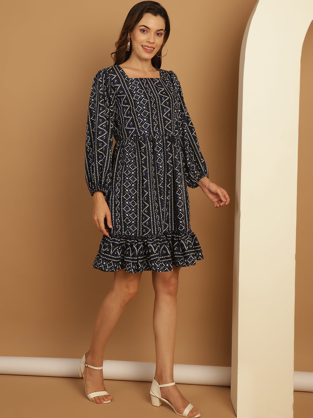 Bandhani Printed Puff Sleeve A Line Dress