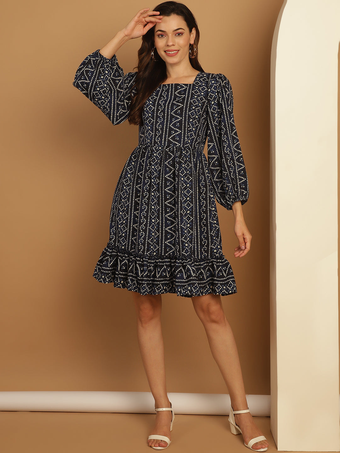 Bandhani Printed Puff Sleeve A Line Dress