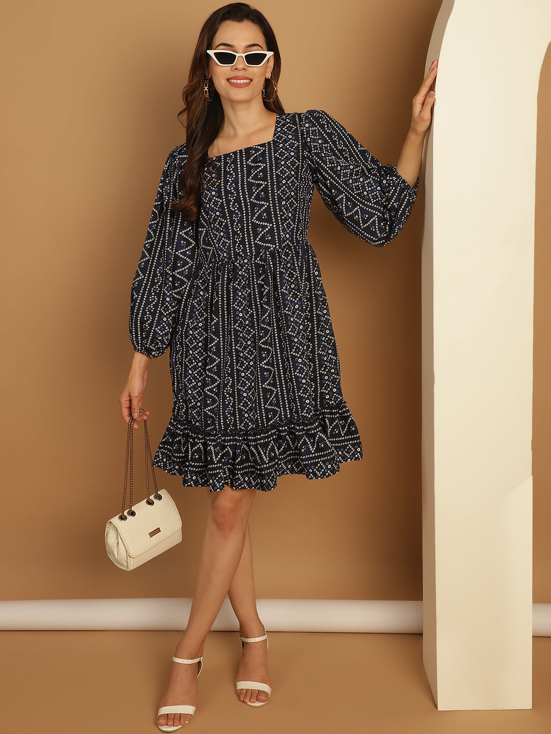 Bandhani Printed Puff Sleeve A Line Dress