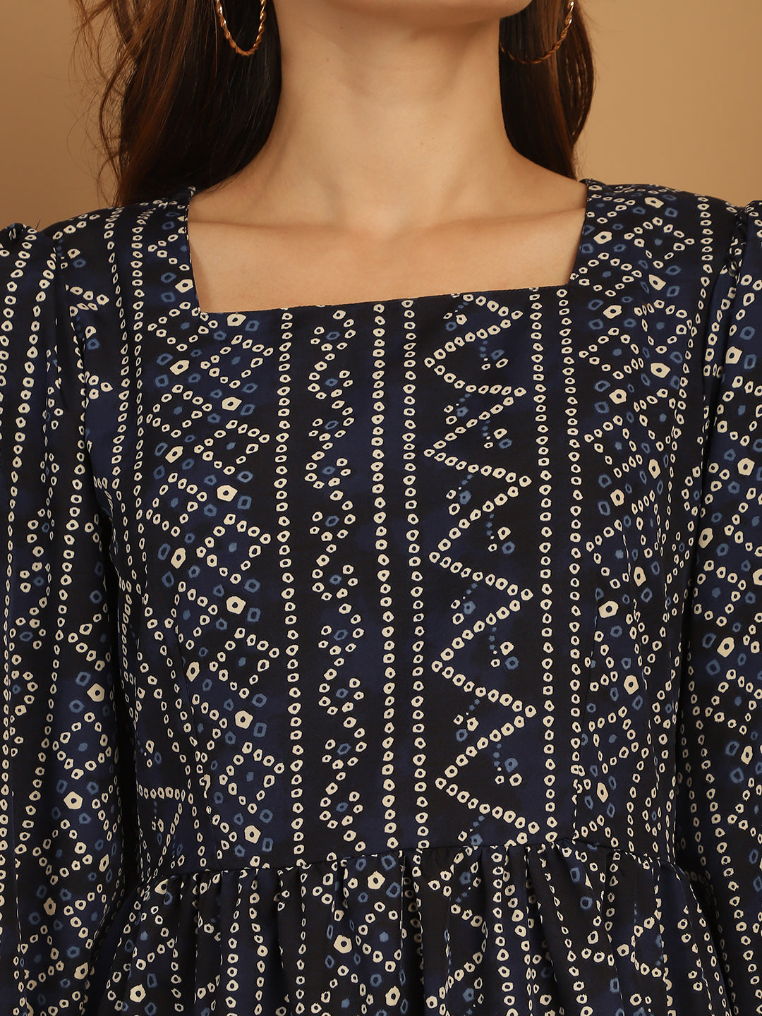 Bandhani Printed Puff Sleeve A Line Dress