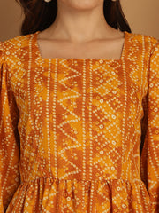 Bandhani Printed Puff Sleeve A-Line Dress