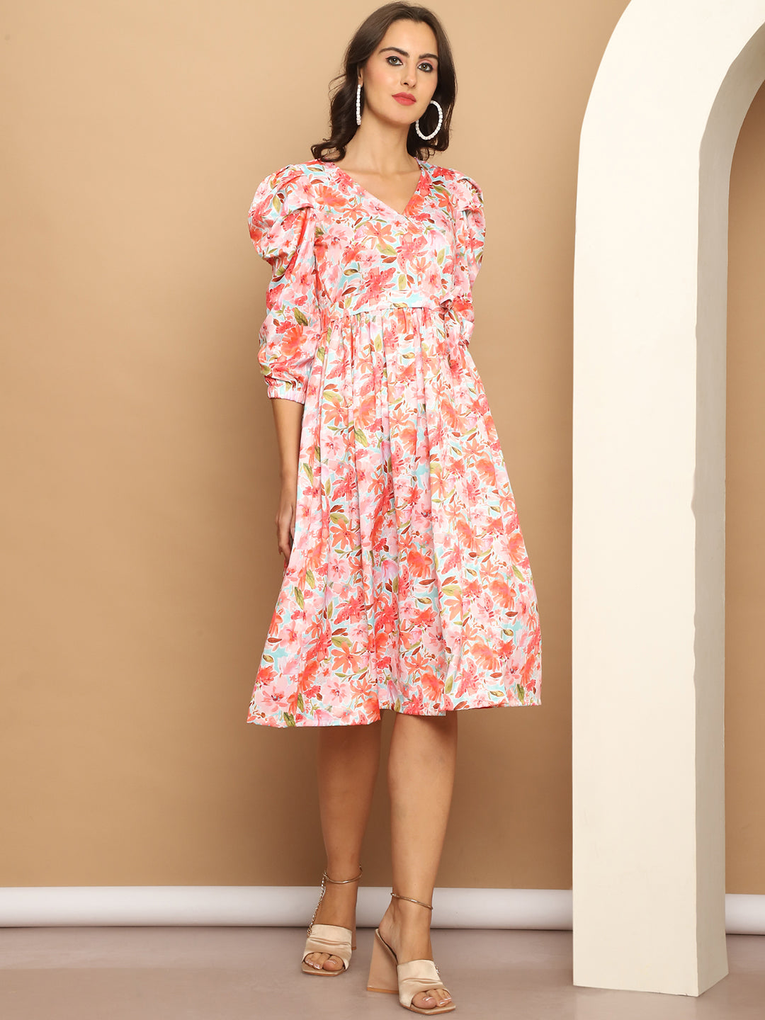 Womens Floral Printed A Line Dress With Belt