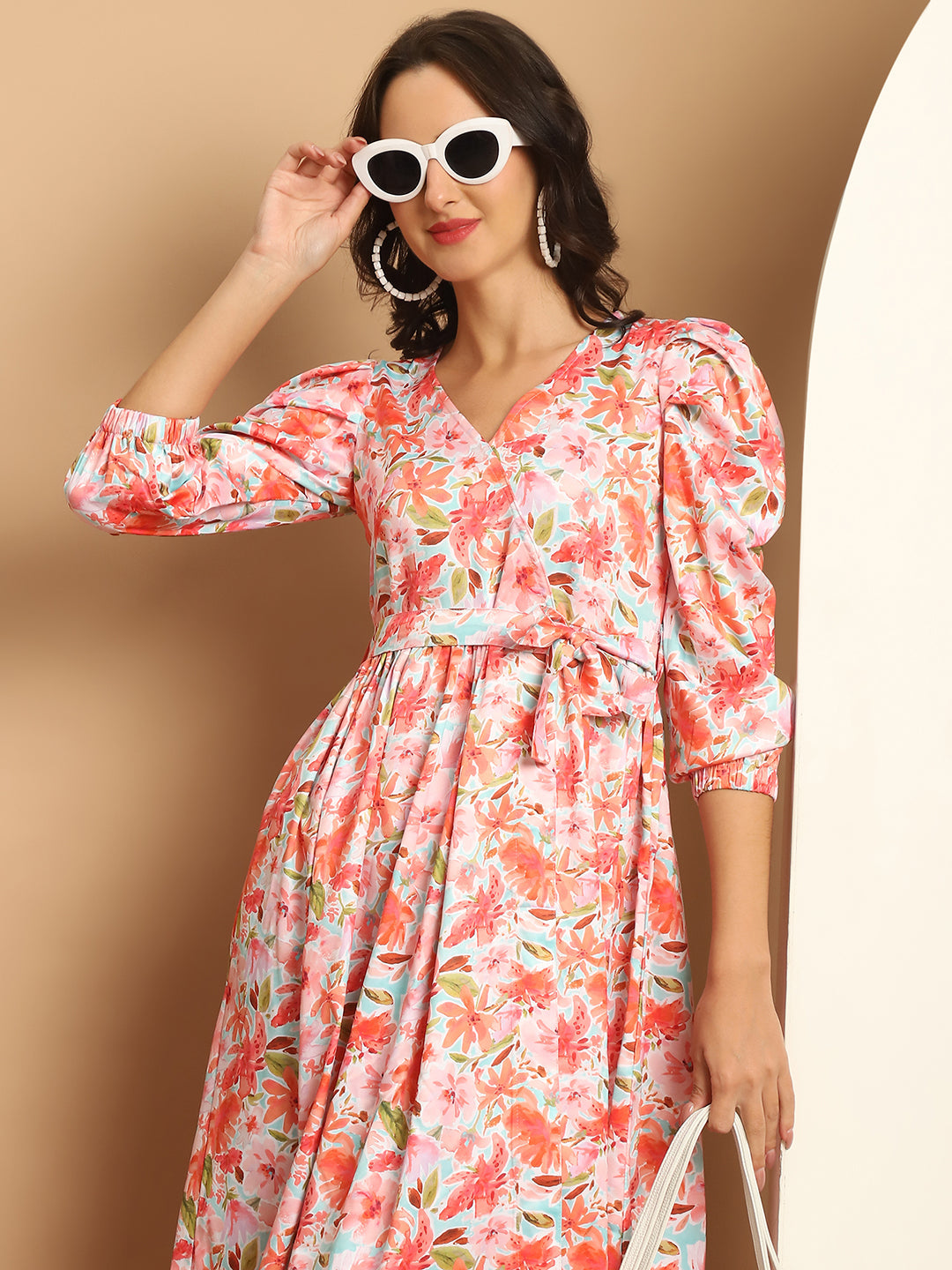Womens Floral Printed A Line Dress With Belt