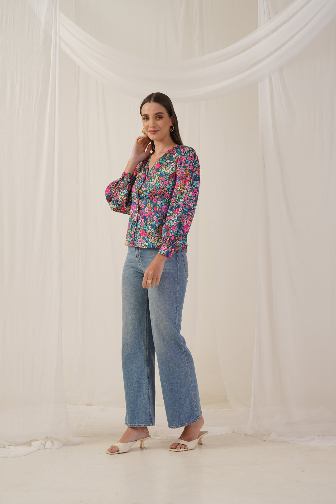 Women Blue Printed Shirt Style Top