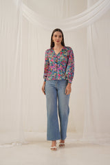 Women Blue Printed Shirt Style Top