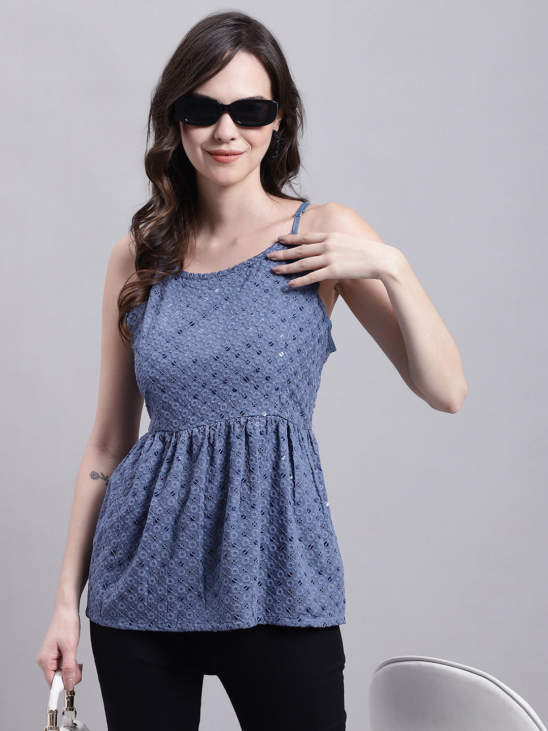 Womens Grey Chikankari Sequen Work Empire Top