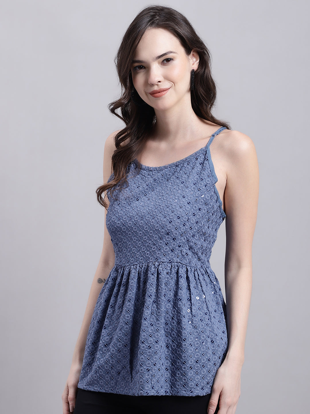 Womens Grey Chikankari Sequen Work Empire Top