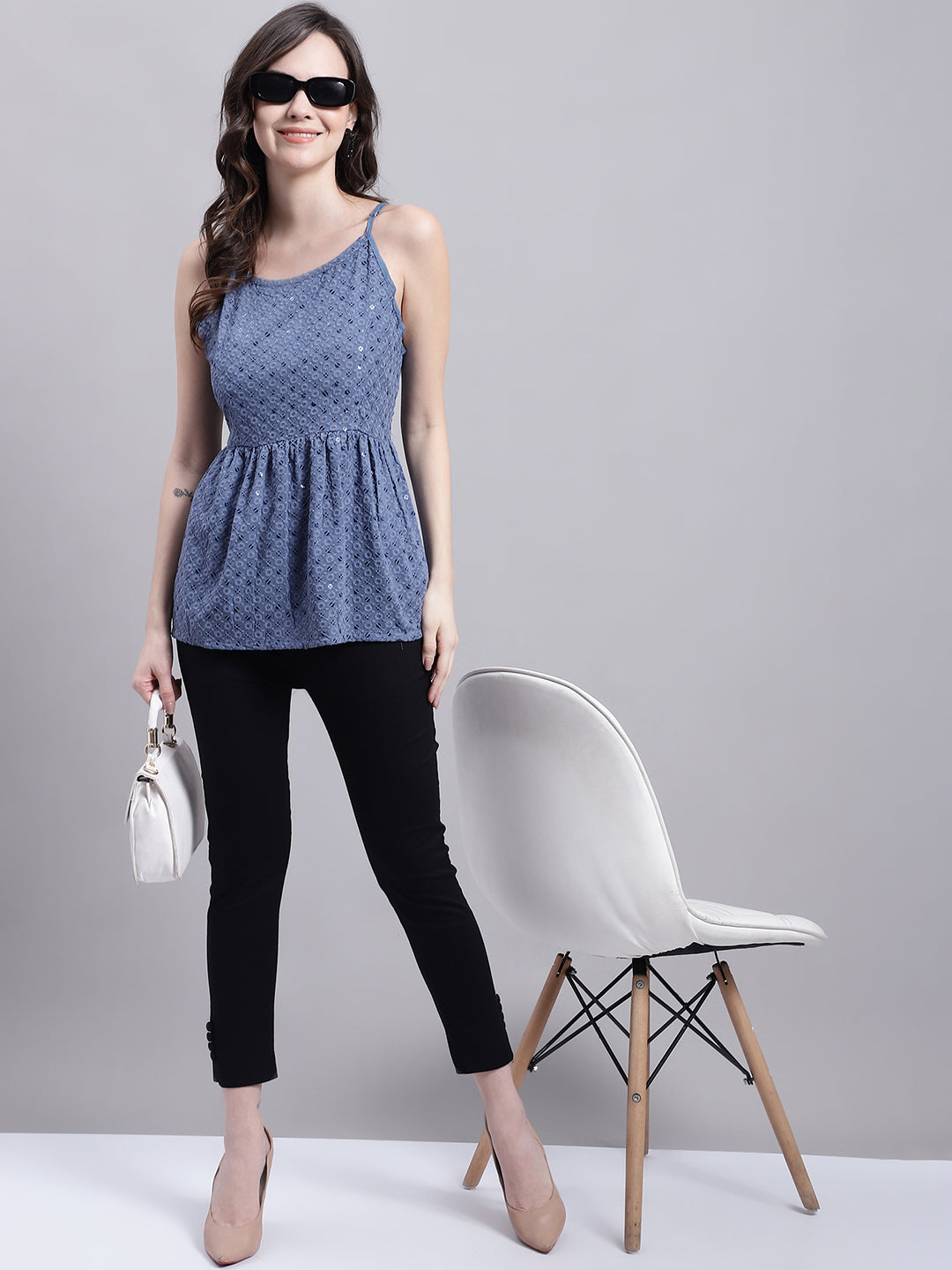 Womens Grey Chikankari Sequen Work Empire Top
