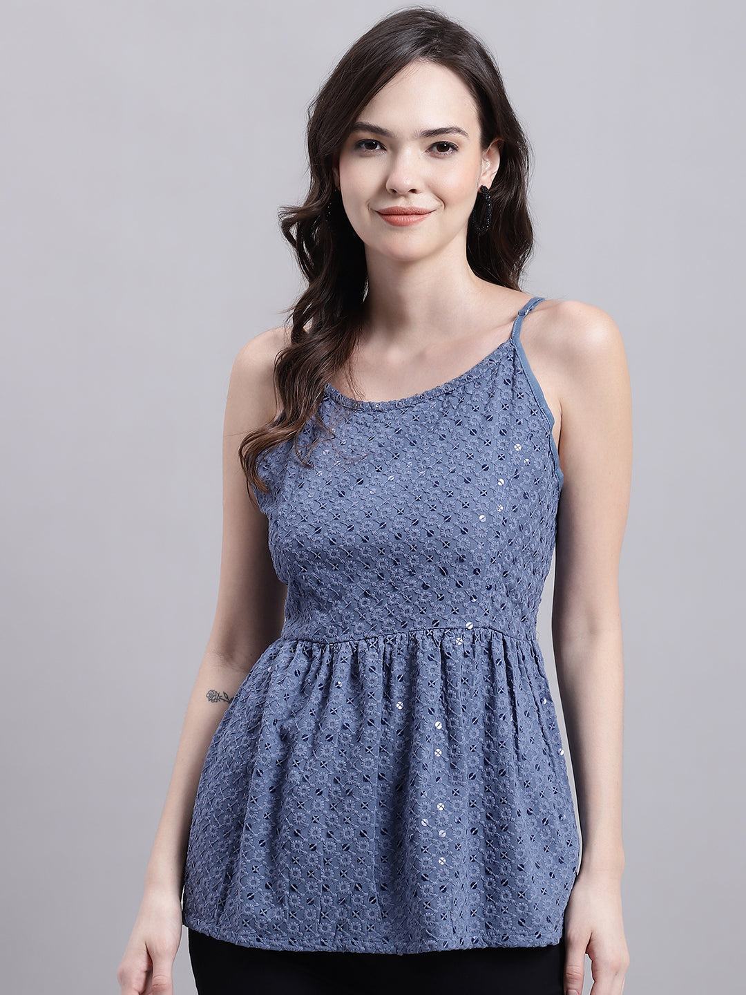 Womens Grey Chikankari Sequen Work Empire Top