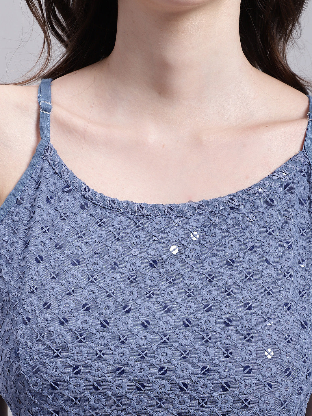 Womens Grey Chikankari Sequen Work Empire Top