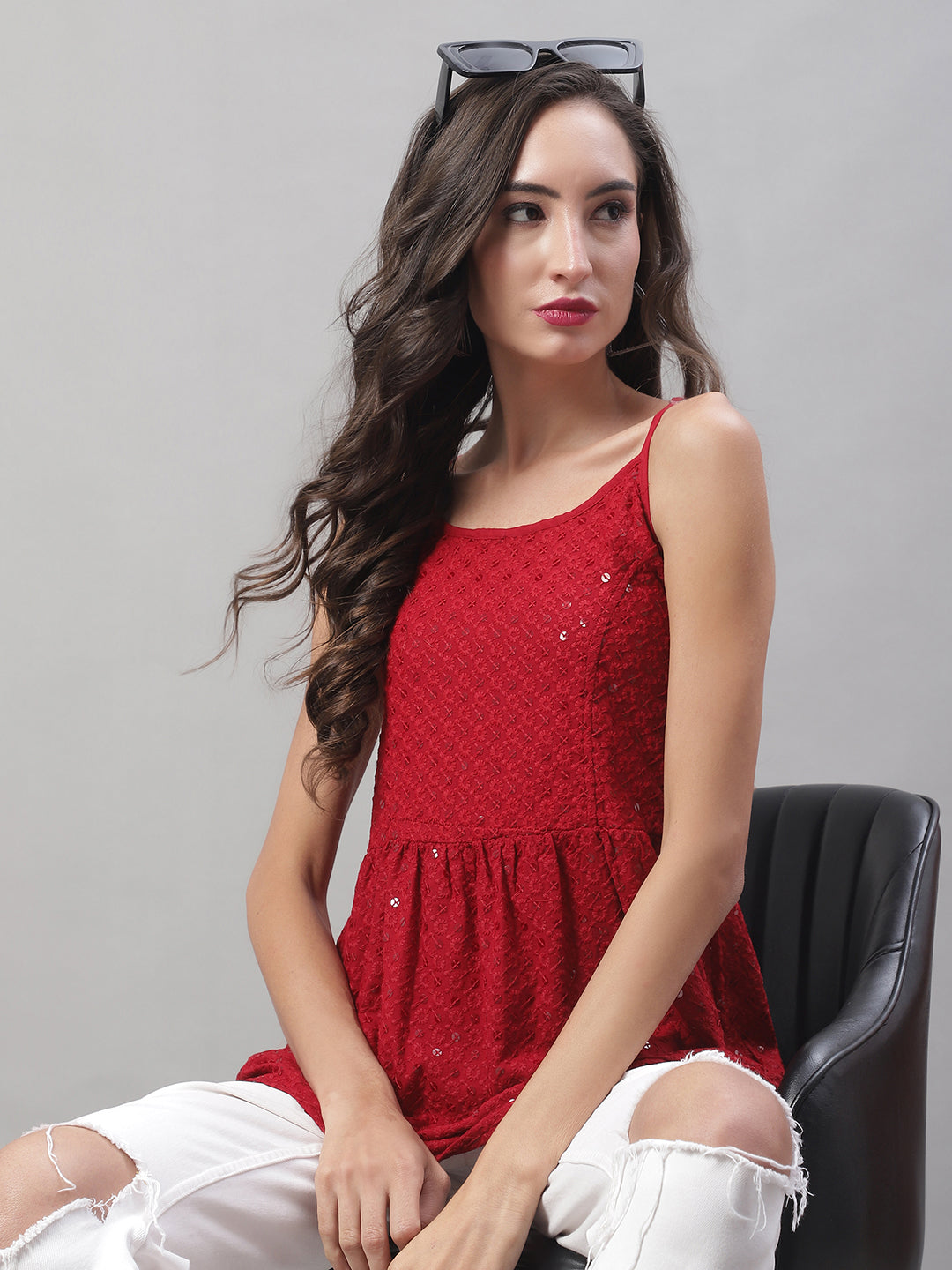 Womens Chikankari Sequen Work Empire Top