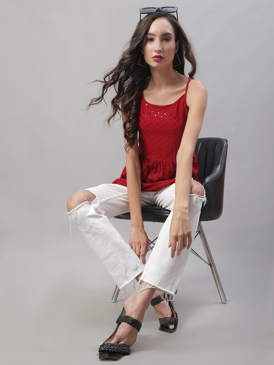 Womens Chikankari Sequen Work Empire Top