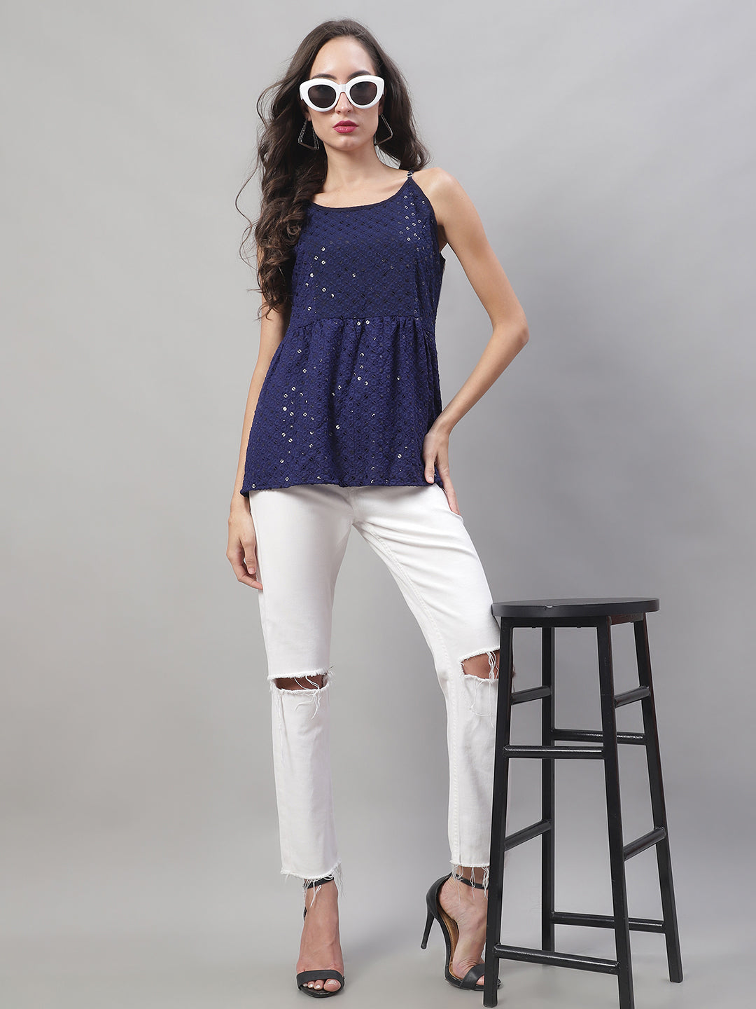 Womens Chikankari Sequen Work Empire Top