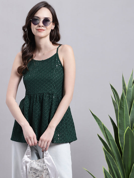 Womens Olive Green Chikankari Sequen Work Empire Top