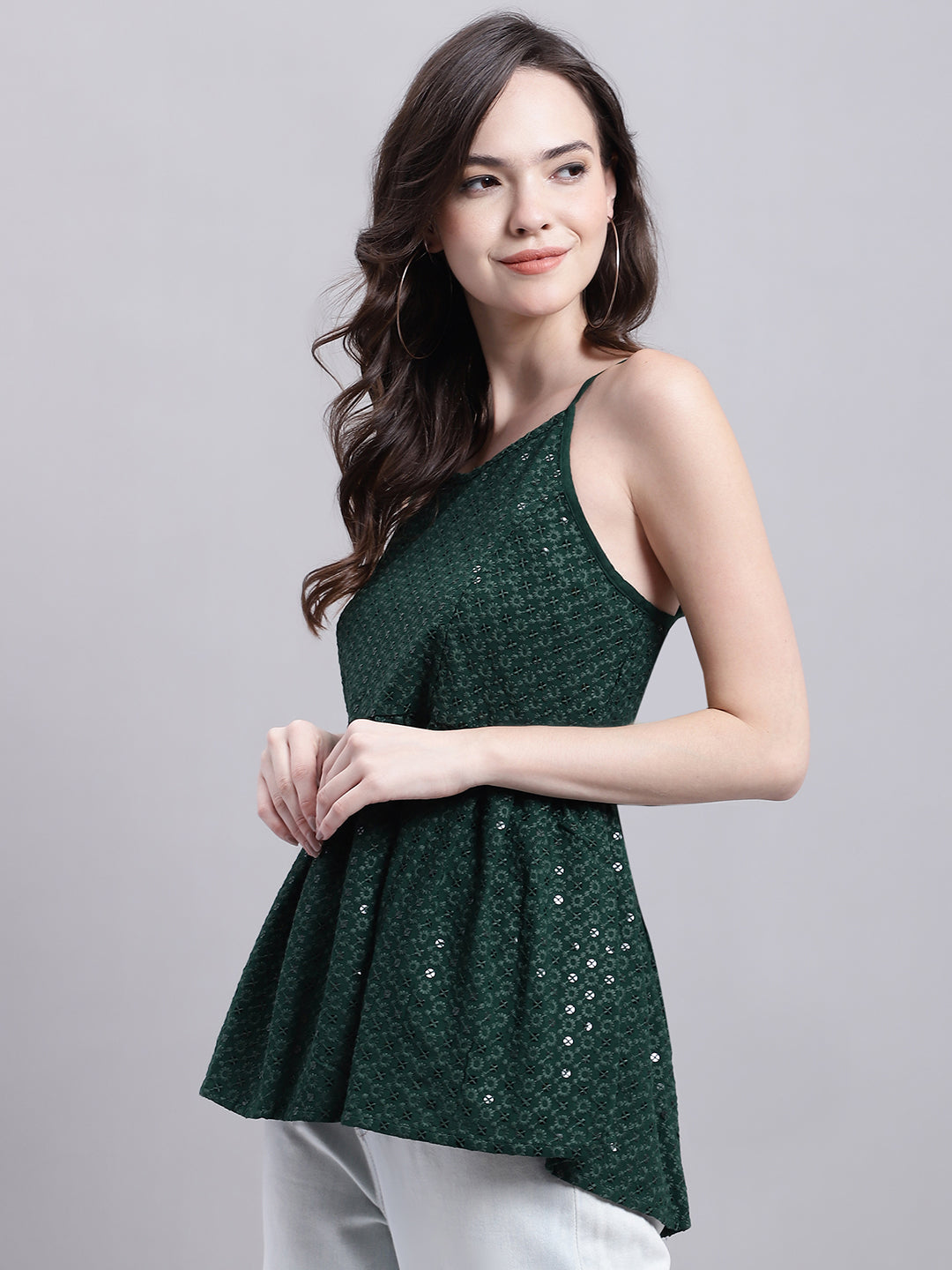 Womens Olive Green Chikankari Sequen Work Empire Top
