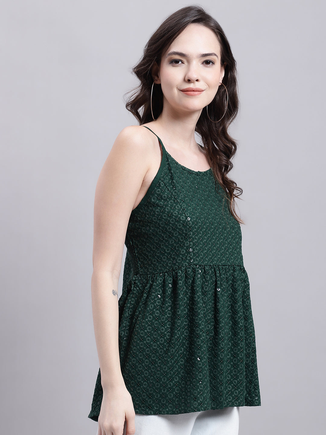 Womens Olive Green Chikankari Sequen Work Empire Top