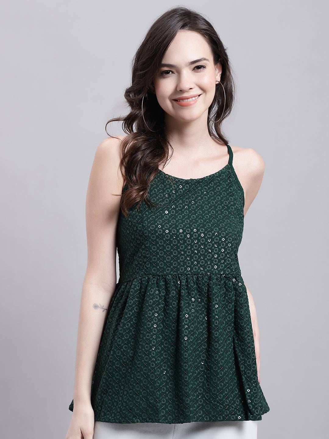 Womens Olive Green Chikankari Sequen Work Empire Top