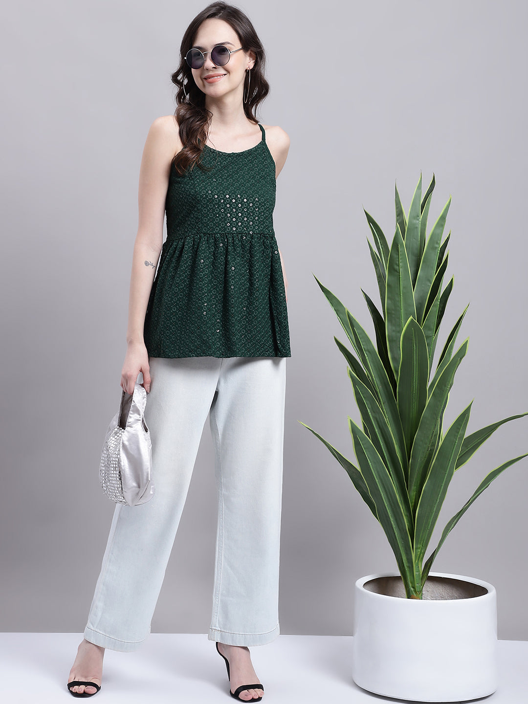 Womens Olive Green Chikankari Sequen Work Empire Top