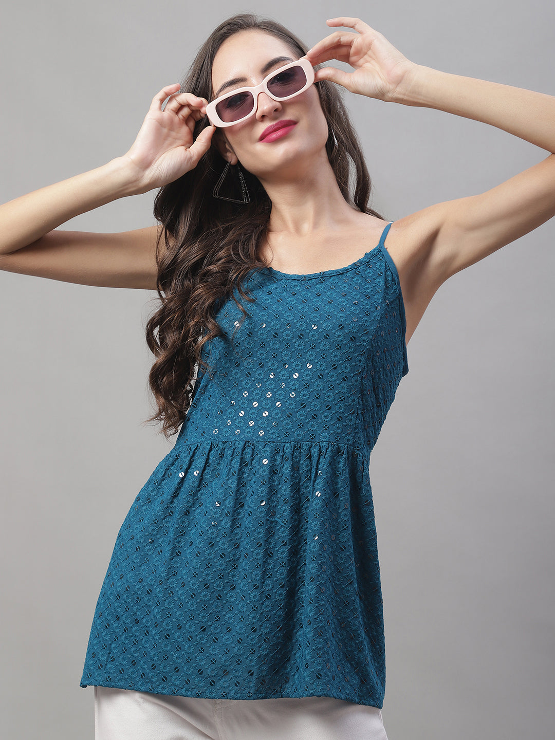 Womens Chikankari Sequen Work Empire Top