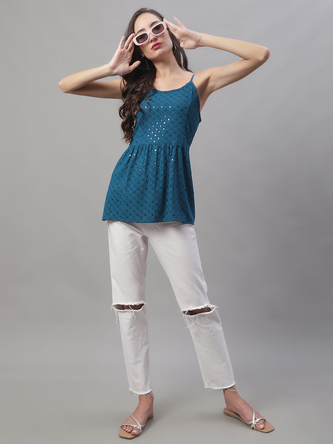 Womens Chikankari Sequen Work Empire Top