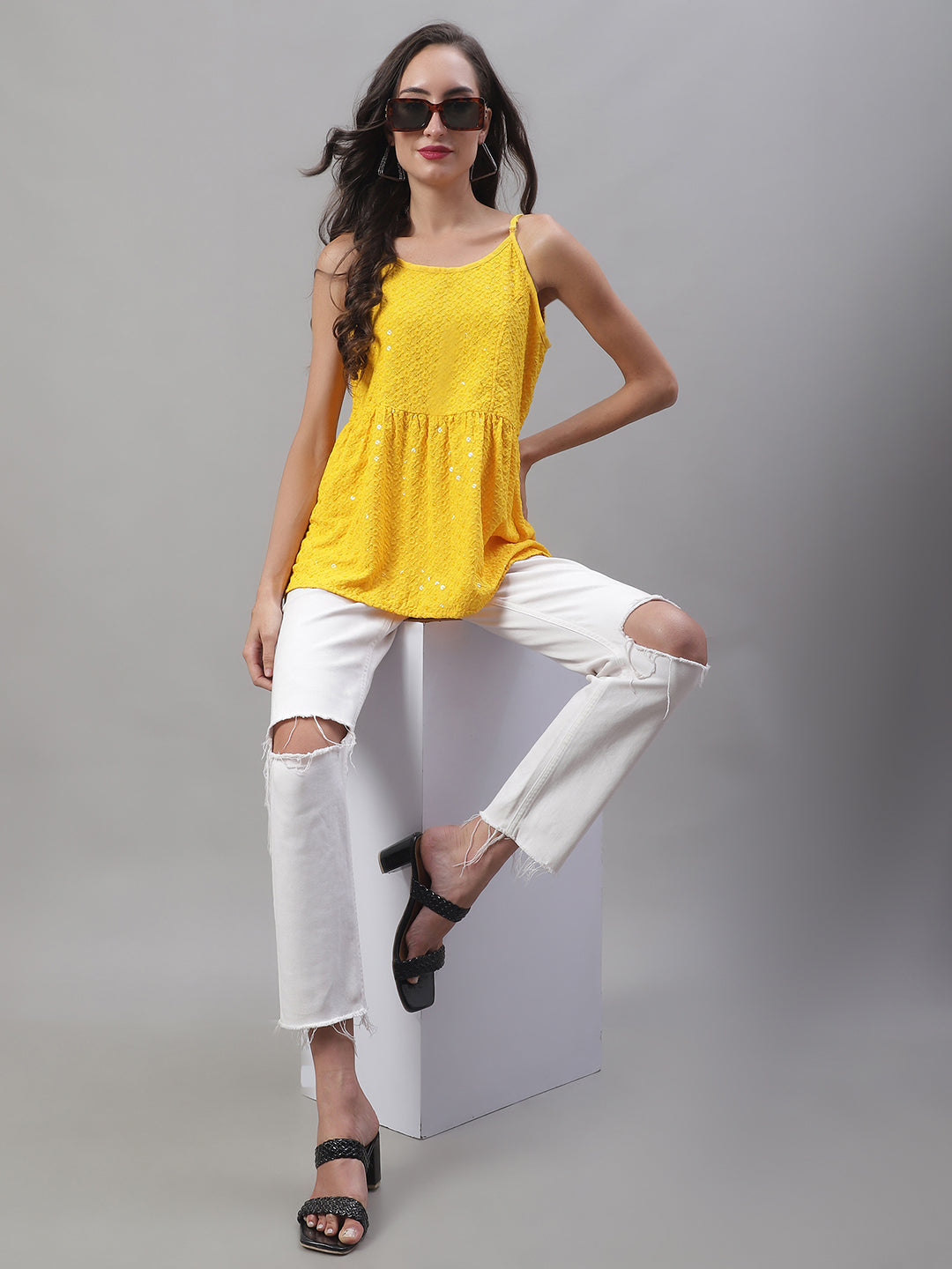 Womens Chikankari Sequen Work Empire Top