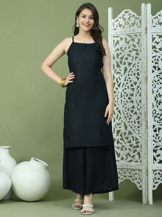Chic Backless Designer Kurta with Palazzo ( JOKPL 2137B 1577 Black )