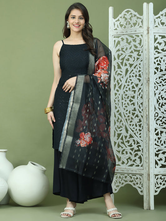 Backless Designer Kurta Palazzo Set with Floral Dupatta ( JOKPL 2137B D66B 1577 Black )