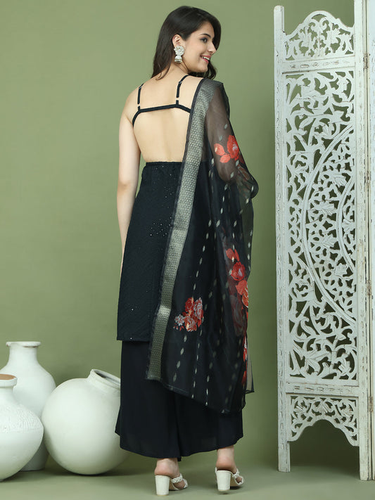 Backless Designer Kurta Palazzo Set with Floral Dupatta ( JOKPL 2137B D66B 1577 Black )
