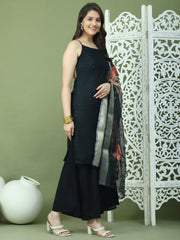 Backless Designer Kurta Palazzo Set with Floral Dupatta ( JOKPL 2137B D66B 1577 Black )