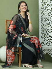 Backless Designer Kurta Palazzo Set with Floral Dupatta ( JOKPL 2137B D66B 1577 Black )