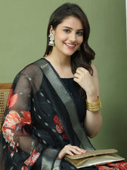 Backless Designer Kurta Palazzo Set with Floral Dupatta ( JOKPL 2137B D66B 1577 Black )