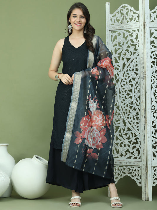 Embroidered Rayon Kurta Palazzos With dupatta ( JOKPL 2137B D66B 1579 Black )