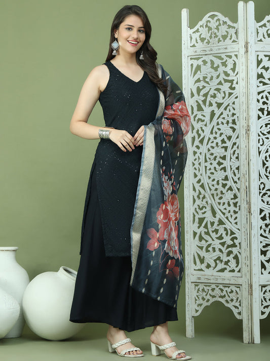 Embroidered Rayon Kurta Palazzos With dupatta ( JOKPL 2137B D66B 1579 Black )