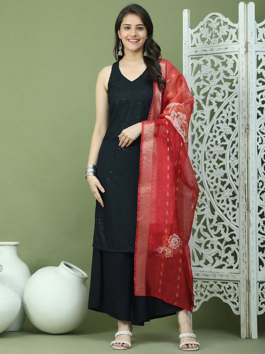Embroidered Rayon Kurta Palazzos With dupatta ( JOKPL 2137B D66R 1579 Black )